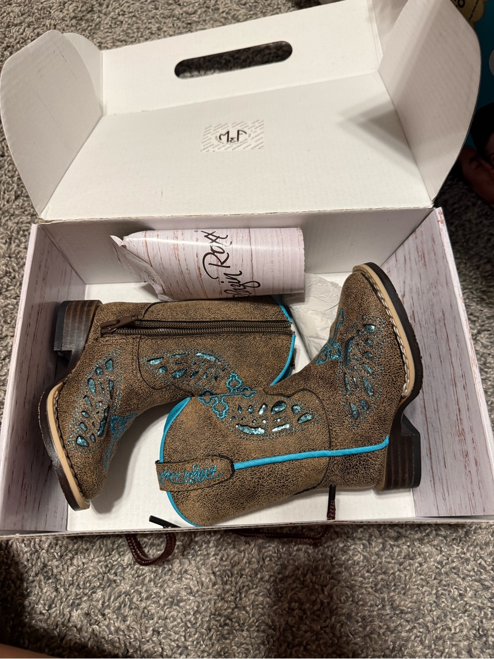 Blazin Roxx Brown Distressed Leather Toddler Western Boots with Turquoise Inlay